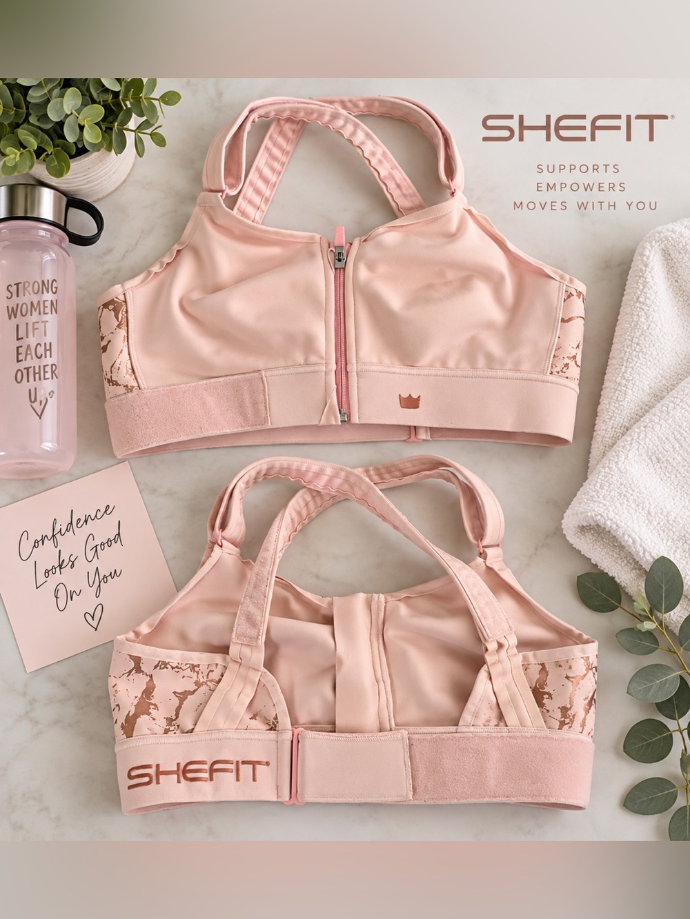 SHEFIT Pale Pink Front-Zip High Support Sports Bra